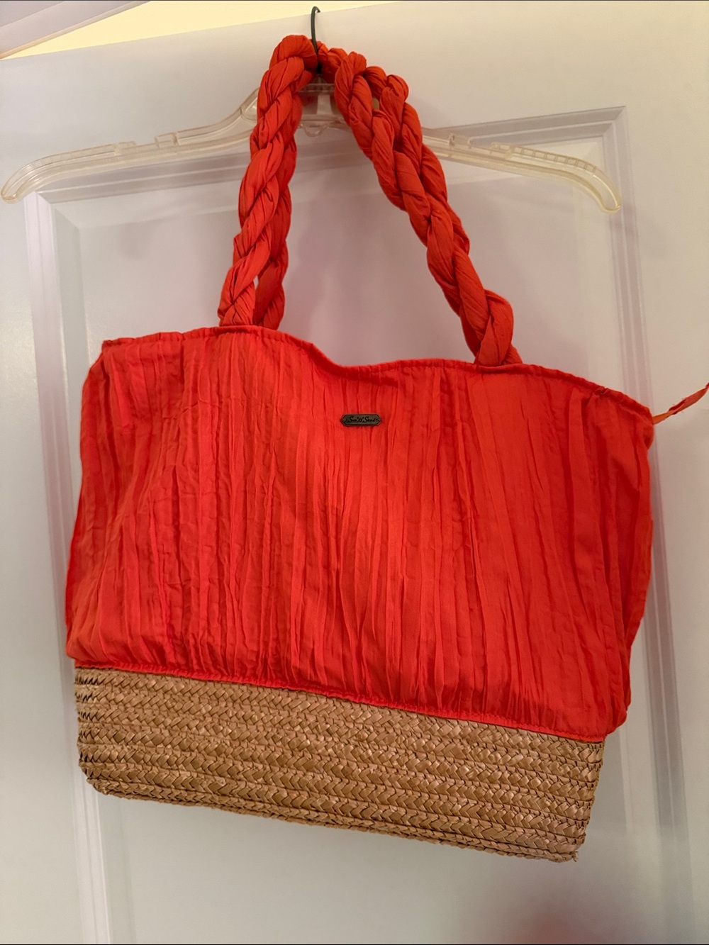 Bright Orange Braided-Handle Straw Bottom Women’s Tote Bag